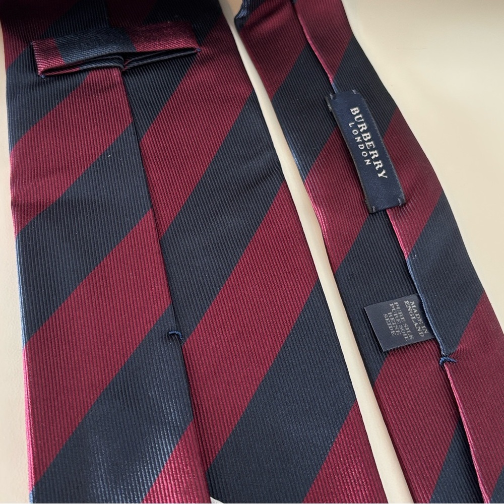 Burberry London Navy and Burgundy Striped Tie Silk